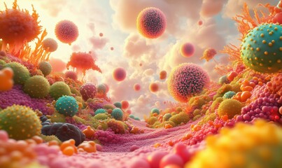 Naklejka premium Colorful abstract landscape of microorganisms and cells in a surreal environment