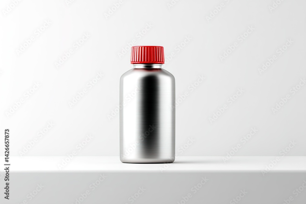Poster metallic bottle with red cap placed on a white surface showcasing modern design elements and minimal