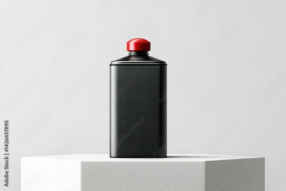 Poster modern black container with red cap displayed elegantly on a pedestal in a minimalist setting