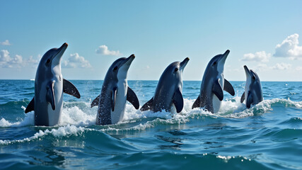 Obraz premium Dolphins showing tricks in the ocean with the sign 'We love our mother!