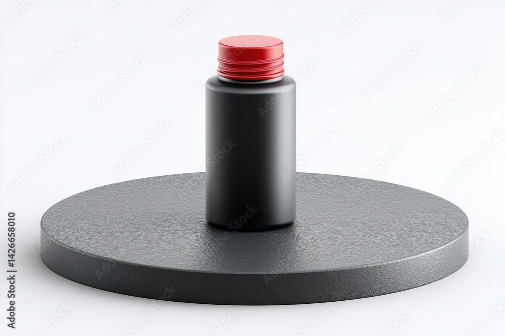 Poster container on display with striking red lid positioned on gray surface in minimalist setting capturin
