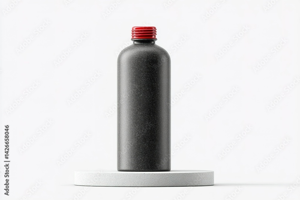 Poster modern black bottle with red cap on a minimalistic display stand in a clean, white environment