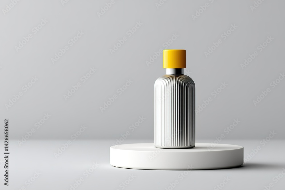Poster unique textured bottle with yellow cap displayed on a round pedestal in minimalistic setting