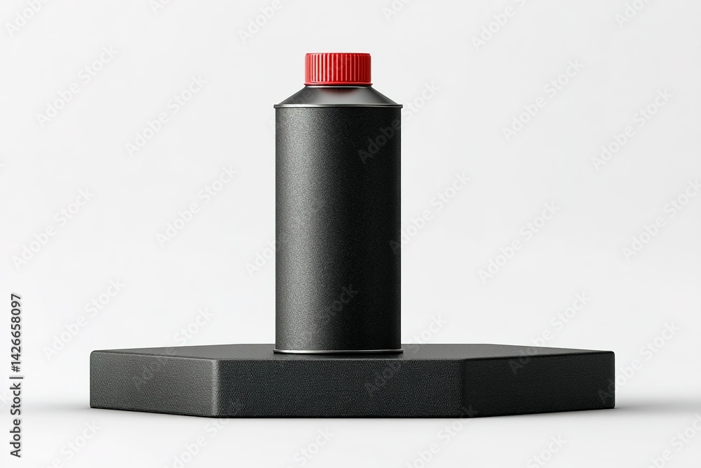 Poster metal canister with red cap displayed on hexagonal platform in a minimalist setting during daylight
