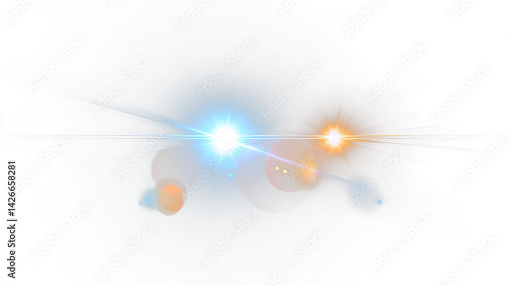 Poster Bright blue and orange lens flare with transparent background creates dynamic light effect suitable for digital design and creative projects