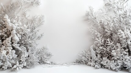 Fototapeta premium Winter wonderland scene with frosted plants in pure white background nature photography tranquil atmosphere