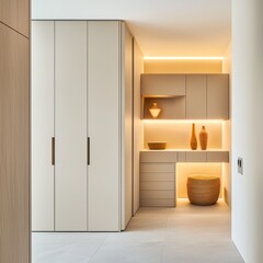 eclectic wardrobe room, sand tone cabinets, niche with light, soft indirect lighting, compact layout, clean tones