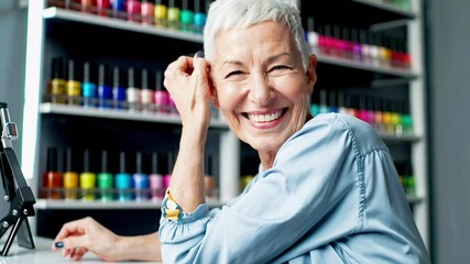 Smiling Mature Nail Salon Owner In Denim Shirt Sitting Against Colorful Polish Wall Display. Concept Of Creative Small Business, Ageless Confidence, Beauty Services, And Entrepreneurial Lifestyle