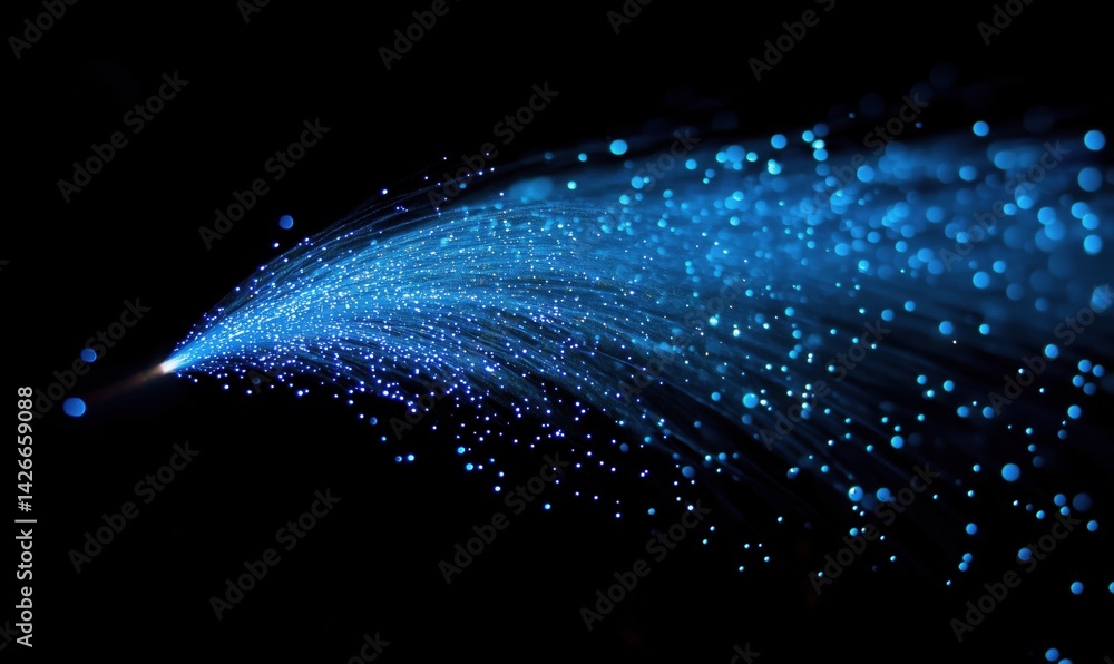 Poster blue light particles flowing in a dynamic stream against a black background