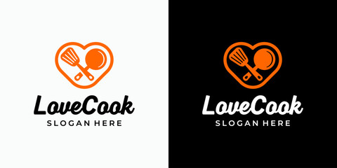Heart shaped pan and spatula vector logo design with modern, simple, clean and abstract style. Icons for business, food & beverage, kitchen and personal branding.