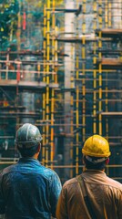 Fototapeta premium Three construction workers wearing yellow and gray helmets at daylight site