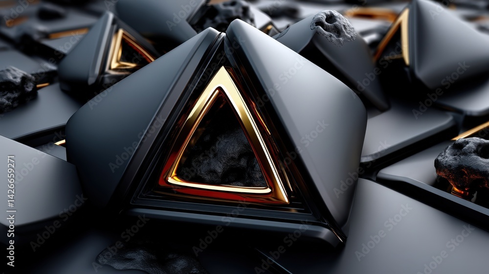 Poster abstract 3d rendering of black and gold triangular geometric shapes with dark texture