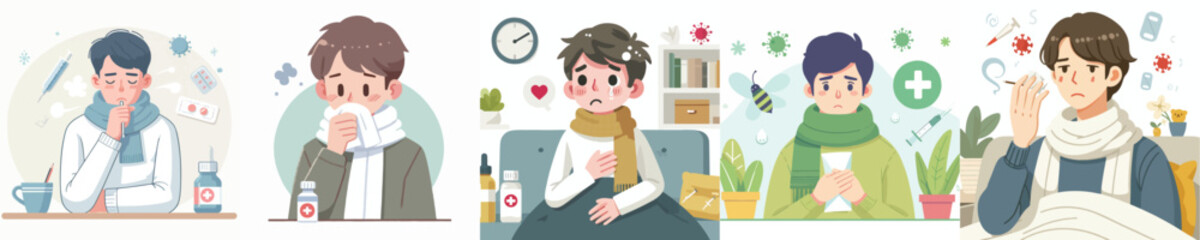 collection of flat design vectors of a young man who is sick with the flu