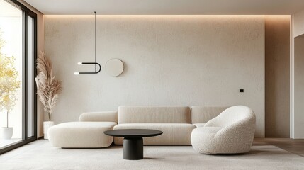 Full room view, beige corner sofa, textured plaster wall, boucle armchair, round table, indirect lighting, compact cozy room