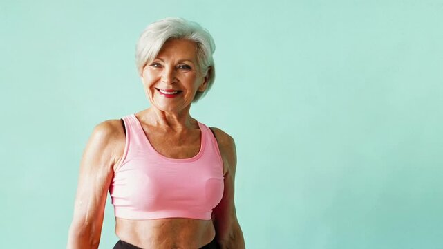 Fit Senior Woman In Sport Bra Smiling Against Turquoise Wall After Workout. Concept Of Active Aging, Body Positivity, Healthy Lifestyle, Silver Fitness, And Ageless Strength Empowerment