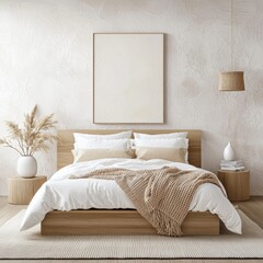 hygge art minimal guest bedroom full view, platform bed, wool blanket, textured wall, soft indirect light, cozy neutral tones, no florals