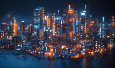 Naklejka premium Futuristic city skyline illuminated at night with vibrant neon lights and reflections