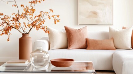 Ivory sofa, blush pillows, terracotta decor accents, transparent glass coffee table, smooth warm tones