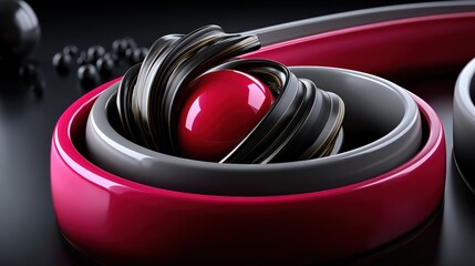 Abstract 3D rendering of a red sphere nestled within swirling black and grey rings a captivating modern design