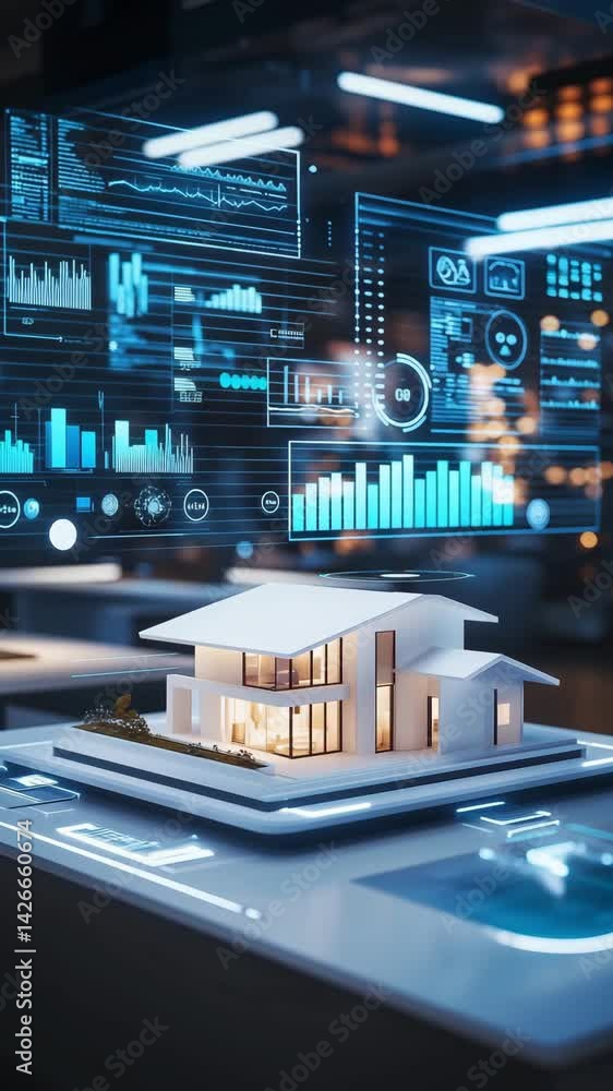 Poster a contemporary home model enhanced by interactive digital displays and data analytics in a modern wo