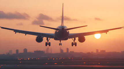 Commercial Airplane Taking Off at Dramatic Sunrise Over City Skyline