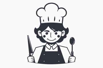 Cheerful Chef with Knife and Spoon Happy Cook in Uniform on White Isolated Background