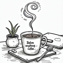 Morning Hot Coffee with the words Before Anything Coffee, 