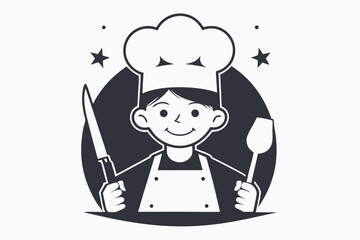 Cartoon Chef Icon Smiling Asian Child Holding Knife and Spoon, Star Accents, Logo