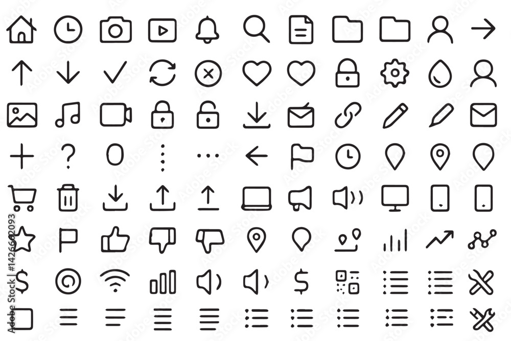 Poster universal icon set: a comprehensive collection of minimalist line icons, perfect for web design, mob