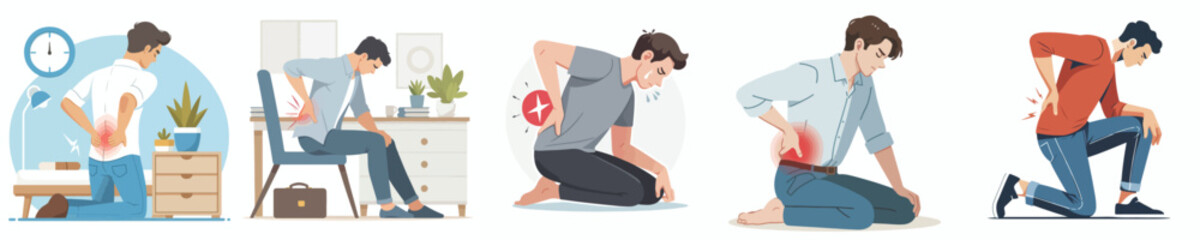 collection of flat design vectors of a young man with back pain