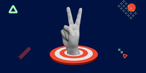 Goal Achievement, Victory Sign. Victory hand sign stands triumphantly on red target platform, symbolizing success, confidence, and accomplished goals. Minimalistic art collage
