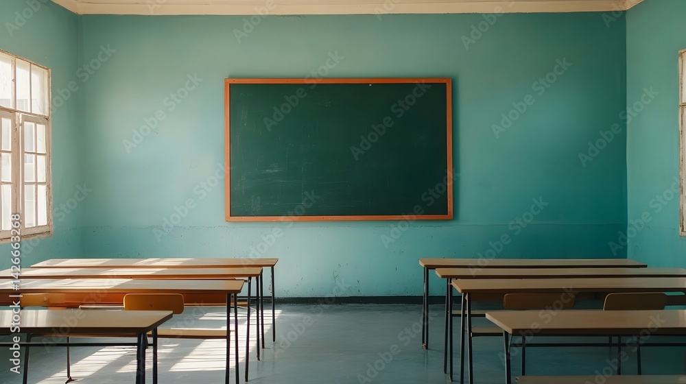Poster sunlit empty classroom with traditional wooden desks and chalkboard, educational setting for learnin