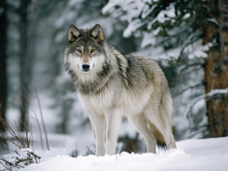 Fototapeta premium Majestic Wolf Standing in Snowy Forest, Representing Wilderness and Resilience. Ideal for wildlife documentaries, conservation campaigns, and nature publications.
