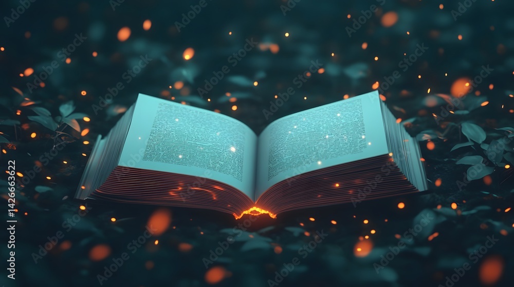 Poster enchanted open book glowing with magical knowledge in fantasy-inspired learning scene