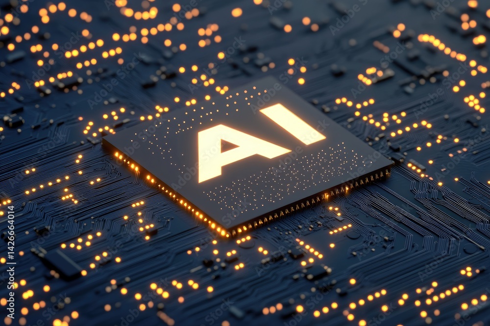 Poster illuminated ai processor chip on dark circuit board