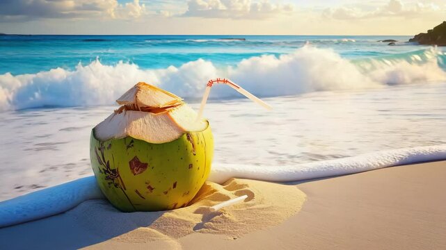 A refreshing coconut drink served in a coconut on a serene beach with soft white sand
