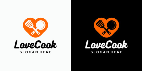 Heart shaped pan and spatula vector logo design with modern, simple, clean and abstract style. Icons for business, food & beverage, kitchen and personal branding.