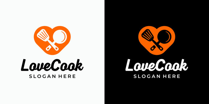 Heart shaped pan and spatula vector logo design with modern, simple, clean and abstract style. Icons for business, food & beverage, kitchen and personal branding.