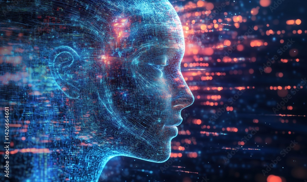 Poster digital representation of a human face with glowing data streams and futuristic elements