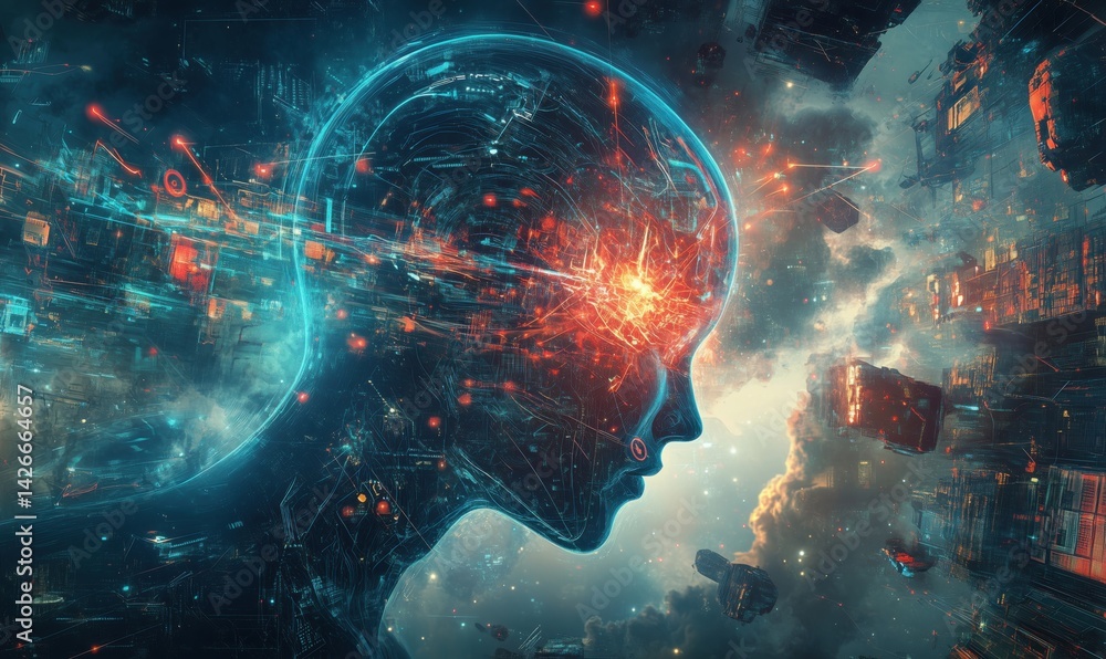 Poster futuristic digital brain explosion with cosmic background and abstract technology elements