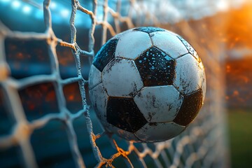 Soccer ball in net achieving goal on field at night game