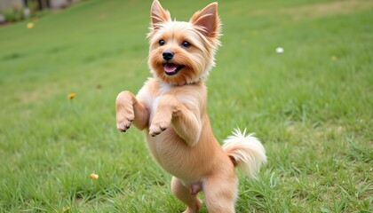 The small, fluffy dog with a reddish brown coat is standing on its hind legs in a playful stance, looking excited and ready to run around the backyard