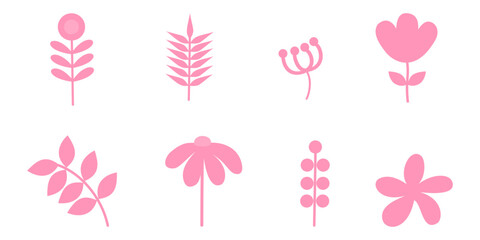 Obraz premium Collection of spring pink flower elements vector. Set floral of wildflower, leaf branch, foliage on white background. Hand drawn blossom illustration for decor, clipart.