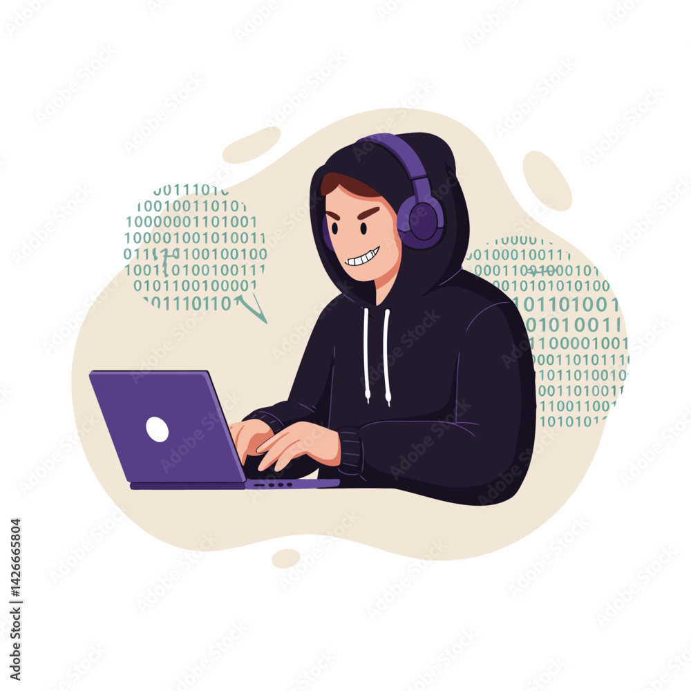 Poster hacker in black hoodie with headphones typing on laptop surrounded by binary code vector illustratio