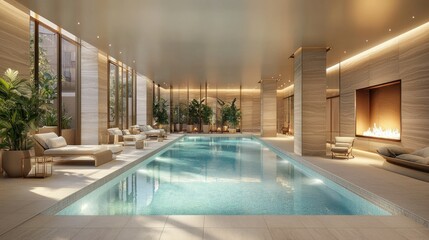Luxurious indoor pool with lounge area in an apartment building
