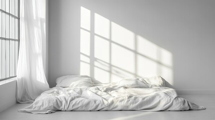 Serene bedroom setting with cozy bedding and natural light modern home photography minimalism