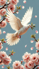 Dove soaring through cherry blossoms with olive branch
