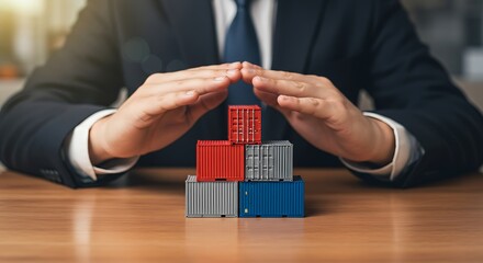 Person's hands hovering over stacked toy cargo containers on a table.