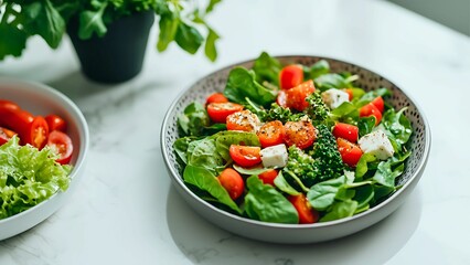 A fresh, vibrant salad with cherry tomatoes, feta cheese, spinach, and broccoli florets, perfect for a healthy lunch or dinner. The salad is presented in a white bowl with a light gray background.