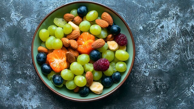 Delicious and healthy fruit and nut mix in a bowl. Green grapes, blueberries, raspberries, almonds, and mandarin segments are artfully arranged - Powered by Adobe